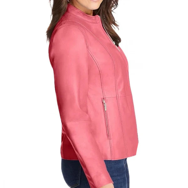 Women’s Pink Zip Leather Jacket