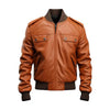 Men's Tan Bomber Leather Jacket – Straps & Pocket Details
