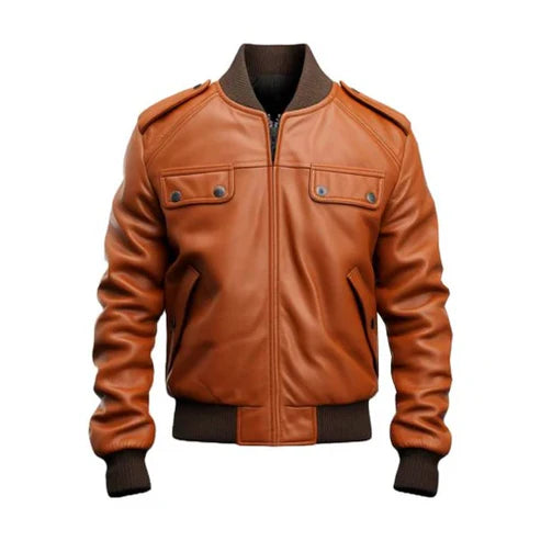 Men's Tan Bomber Leather Jacket – Straps & Pocket Details