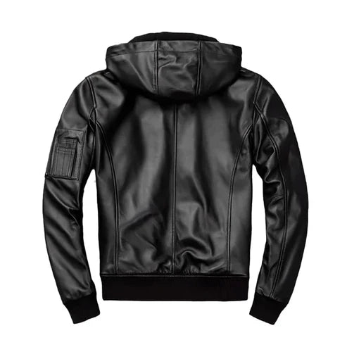Men's Black Hooded Moto Bomber Leather Jacket