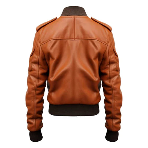 Men's Tan Bomber Leather Jacket – Straps & Pocket Details