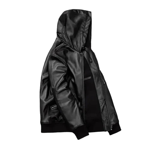 Men's Black Hooded Moto Bomber Leather Jacket