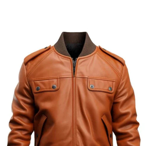 Men's Tan Bomber Leather Jacket – Straps & Pocket Details