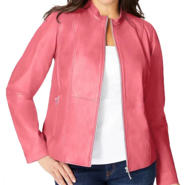 Women’s Pink Zip Leather Jacket