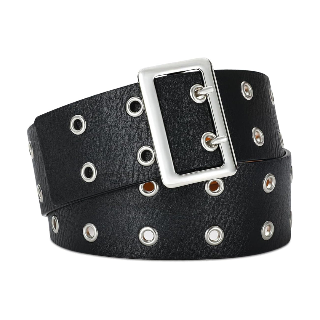 Black Belt Silver Buckle & Metal Ring Accents-Women Leather Belts-Premium Leather Store