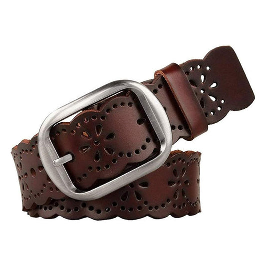 Leather Belt Hollow Flower Wide Belt-Women Leather Belts-Premium Leather Store