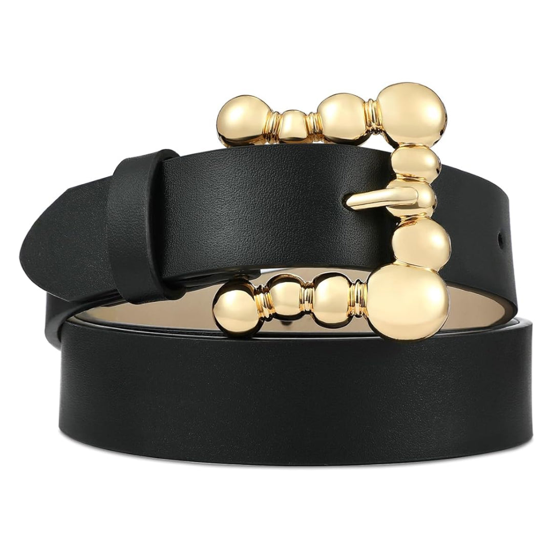 Genuine Leather Belt with Gold Bubble Buckle-Women Leather Belts-Premium Leather Store
